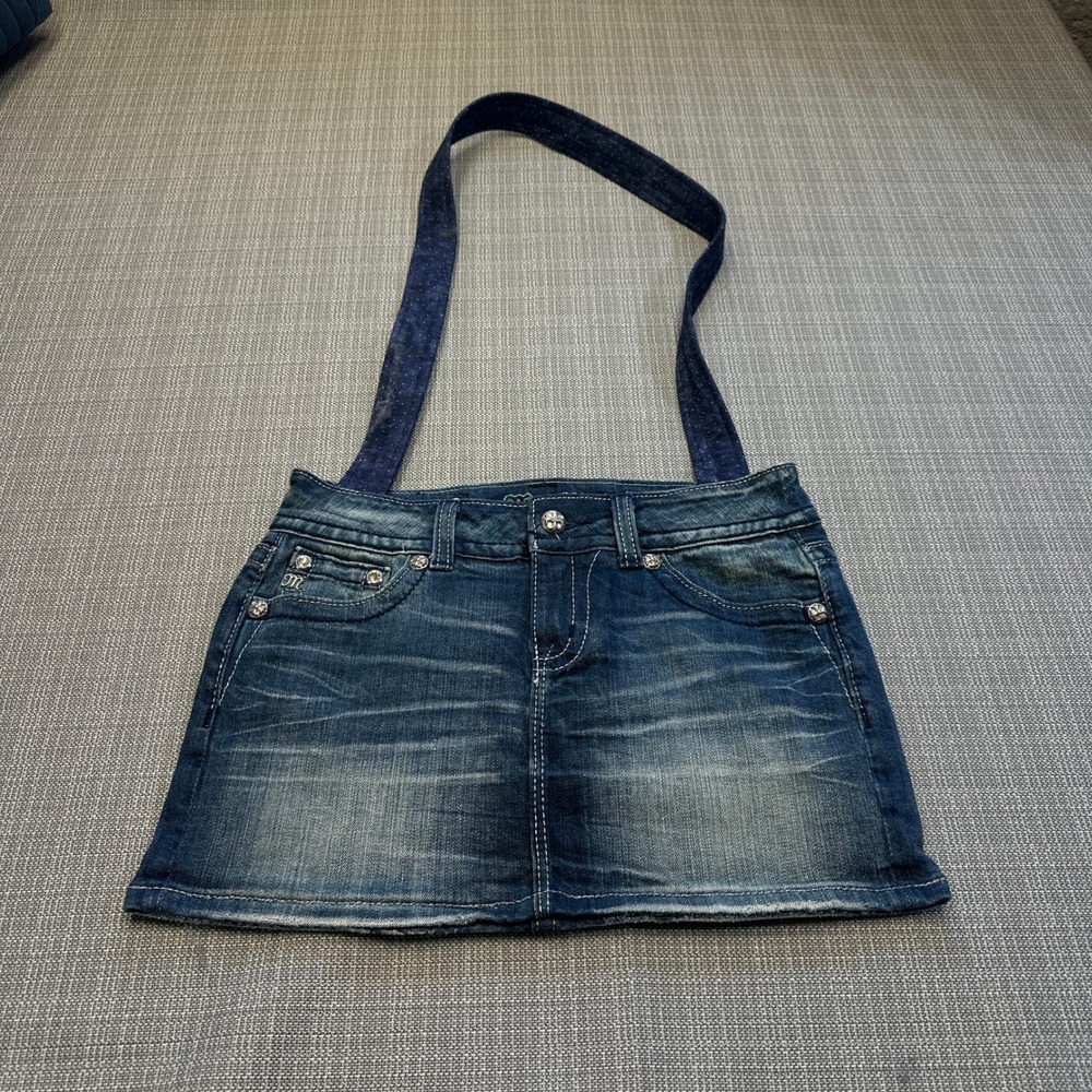 Y2K Miss Me Y2K Upcycled Denim Skirt Tote Bag Shoulder Purse Sequin Wings